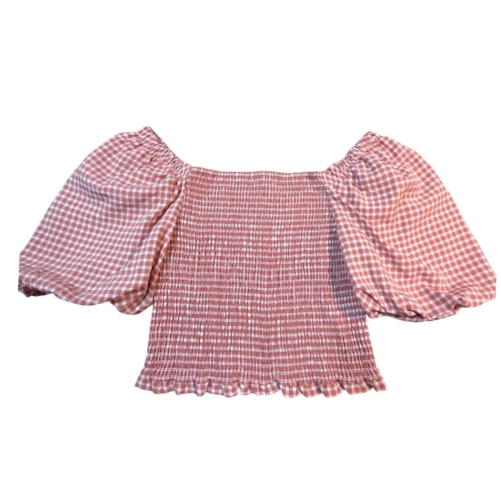 BB Dakota Gingham Smocked Puff Sleeve Top Women Size S Pink